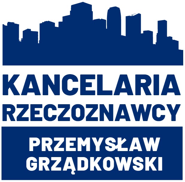 Logo kancelarii rzeczoznawcy Przemysława Grządkowskiego na tle granatowej panoramy miasta.