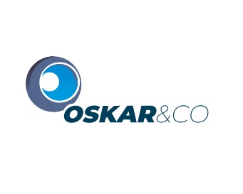 Logo firmy Oskar&CO z abstrakcyjnym symbolem oka w odcieniach szarości i błękitu, umieszczone na białym tle.