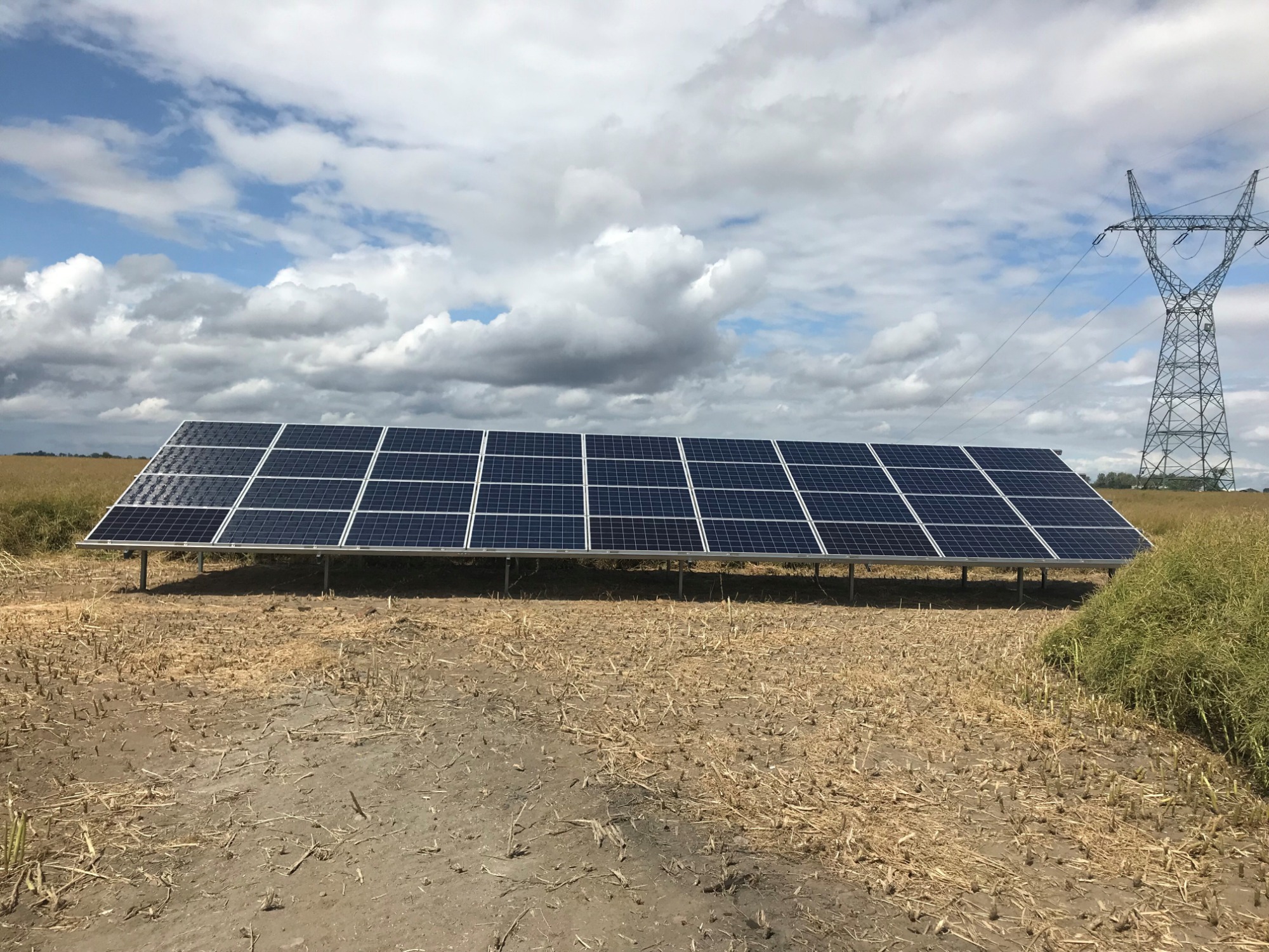 Rząd paneli fotowoltaicznych na polnej ziemi, z wysokim słupem energetycznym w tle i pochmurnym niebem.
