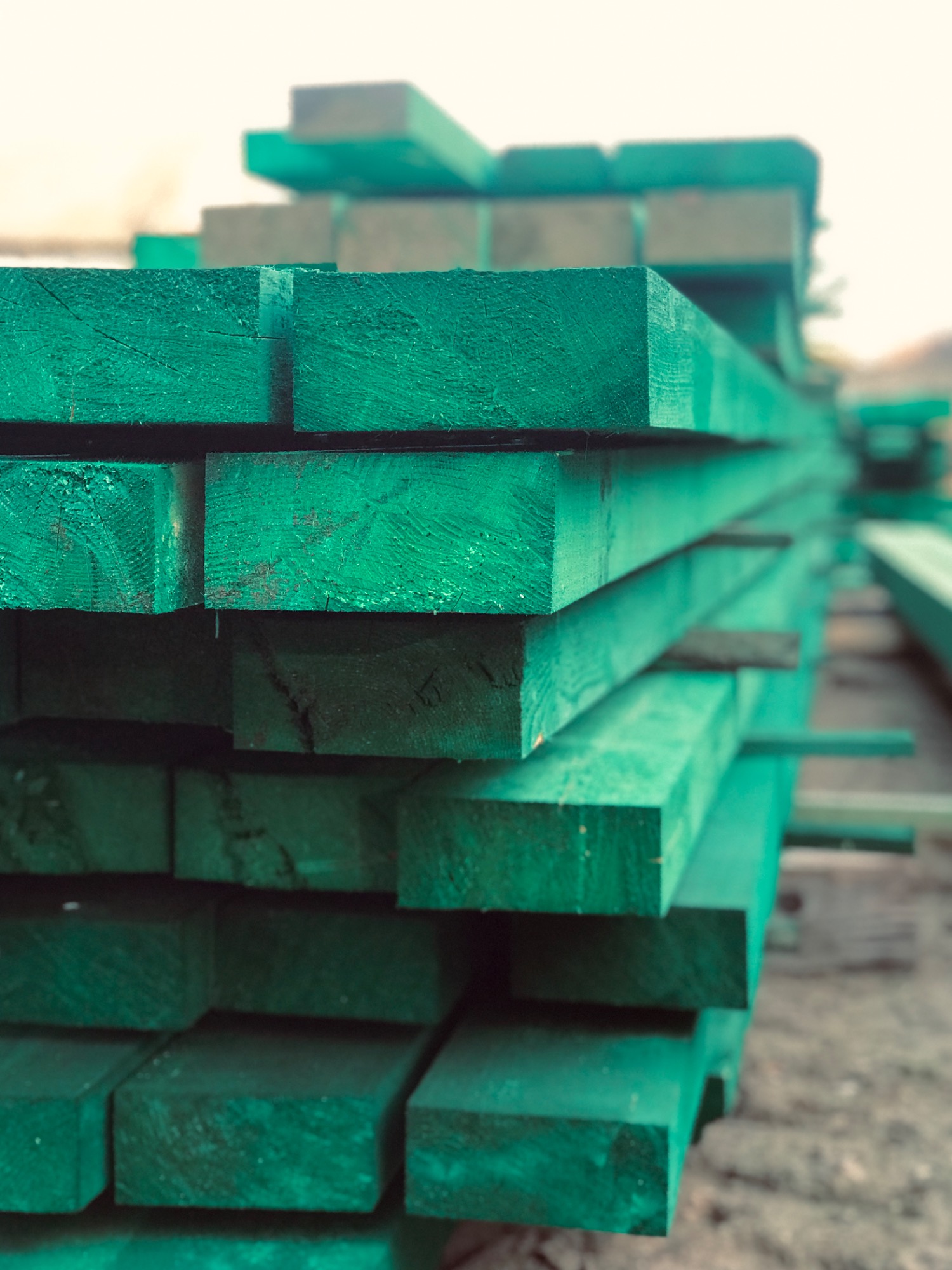 Stos zielonych, impregnowanych desek ułożonych równo na placu w Korpysach, widoczne ślady po pile i naturalna struktura drewna.