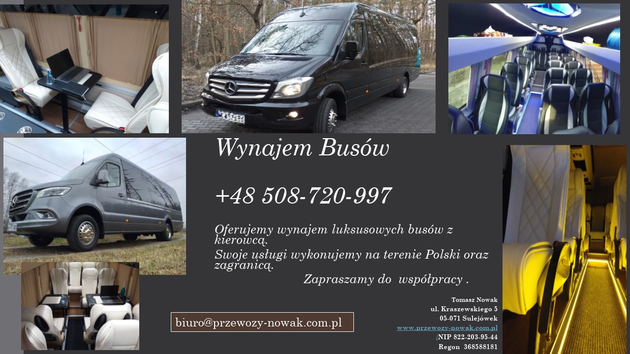 Kompozycja zdjęć: czarny Mercedes-Benz Sprinter na zewnątrz, szary Mercedes-Benz Sprinter na zewnątrz, wnętrze luksusowego busa z białymi skórzanymi fotelami i stolikami z laptopami, wnętrze busa...