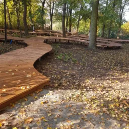 Kręta drewniana ścieżka i platformy widokowe w parku jesienią, liście na ziemi.