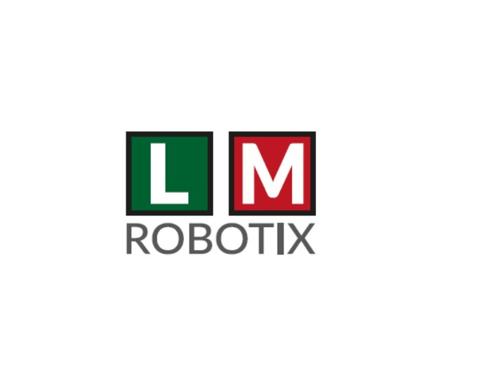 Logo firmy LM Robotix z zielonym kwadratem z literą L i czerwonym kwadratem z literą M nad szarym napisem ROBOTIX na białym tle.