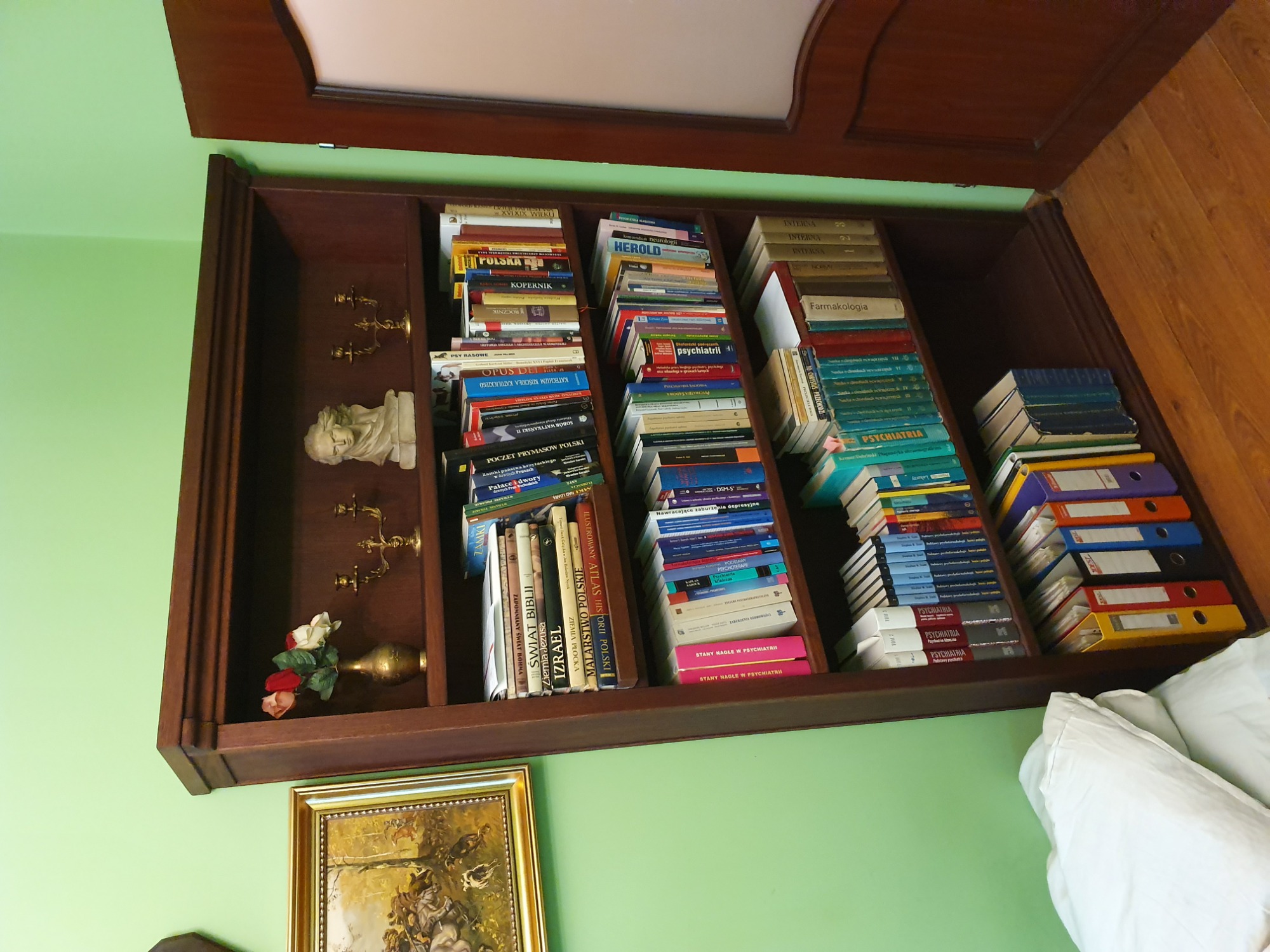 Ciemnobrązowa, drewniana antresola z półkami pełnymi książek i dekoracji w Lipnie. Na półkach widoczne książki medyczne, figurka i świecznik.