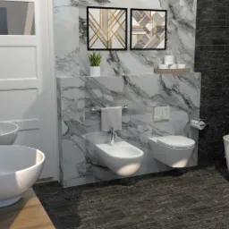 Nowoczesna łazienka z marmurowymi ścianami, dwiema umywalkami nablatowymi, wiszącym bidetem i toaletą, wolnostojącą wanną oraz czarnymi płytkami podłogowymi i ściennymi. Dwa abstrakcyjne obrazy...