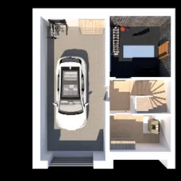 Widok z góry na plan domu z garażem, samochodem, schodami spiralnymi i siłownią domową z ciężarami i piłkami do ćwiczeń.