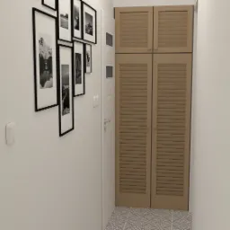 Wizualizacja przedpokoju z drewnianą szafą z żaluzjowymi drzwiami, galerią czarno-białych zdjęć w ramkach na ścianie i wzorzystą podłogą.