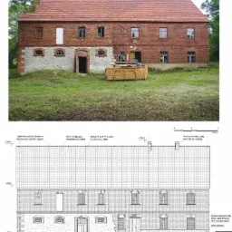 Elewacja frontowa dwukondygnacyjnego budynku z czerwonej cegły i kamienną podmurówką, z widocznymi detalami architektonicznymi i rysunkiem technicznym