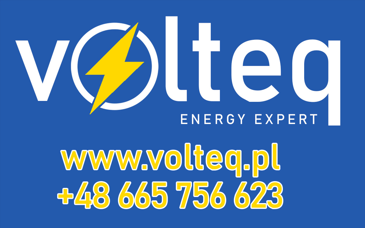 Logo firmy Volteq z symbolem błyskawicy, tekstem 'Energy Expert', adresem strony internetowej i numerem telefonu na niebieskim tle.