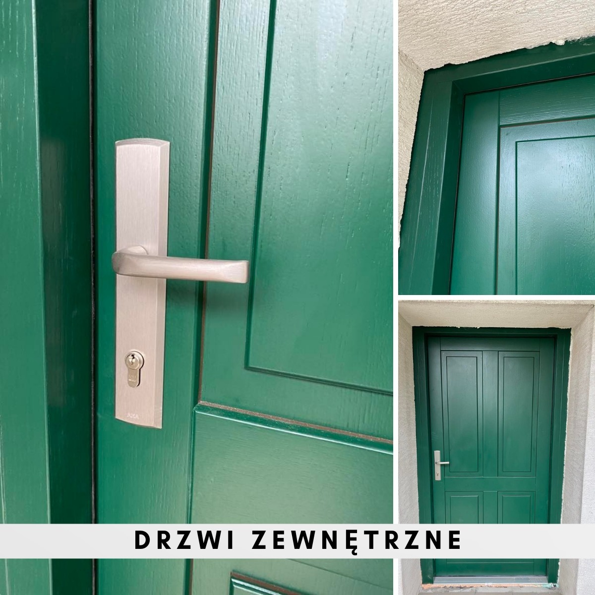 Zielone drzwi wejściowe z metalową klamką, widok z bliska na detal skrzydła i ościeżnicy oraz ujęcie całej konstrukcji w surowym otoczeniu.