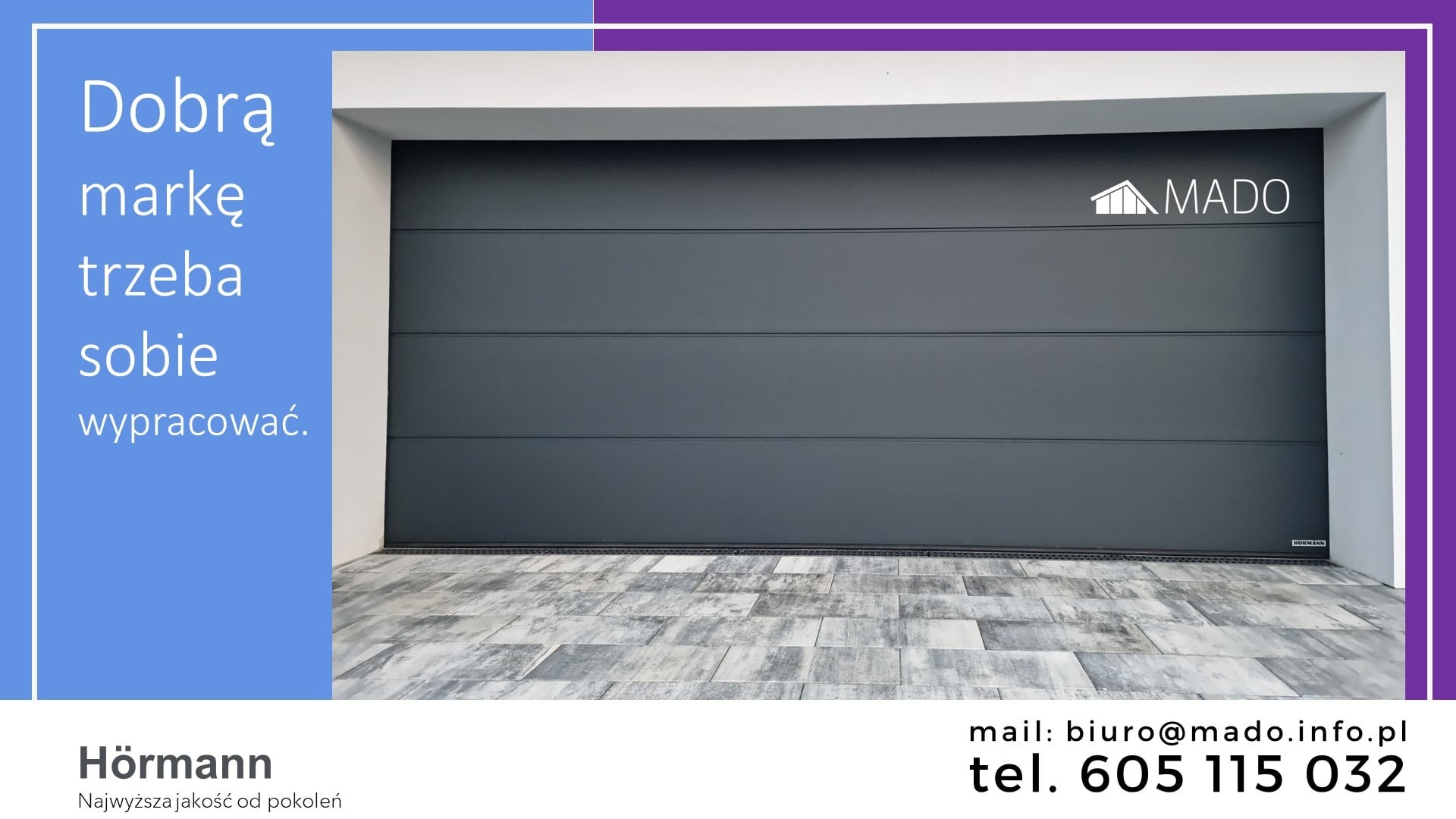 Grafitowa brama garażowa segmentowa z poziomymi przetłoczeniami, logo MADO w prawym górnym rogu, widoczny fragment posadzki z szarych płytek. Reklama firmy Hörmann z danymi kontaktowymi.