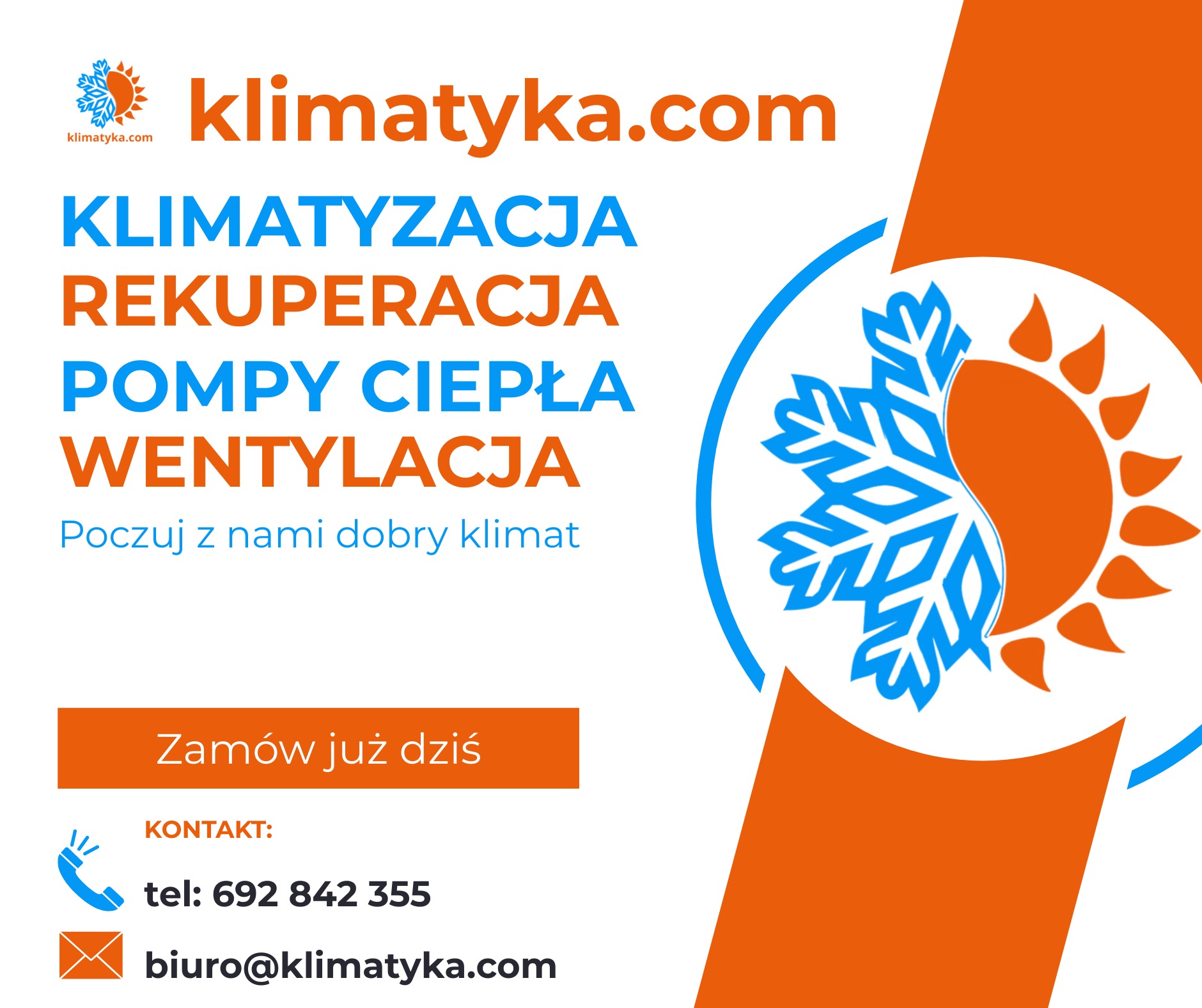 Grafika reklamowa firmy Klimatyka.com z logo łączącym motyw słońca i śnieżynki, oferującej klimatyzację, rekuperację, pompy ciepła i wentylację. Kontakt telefoniczny i mailowy.