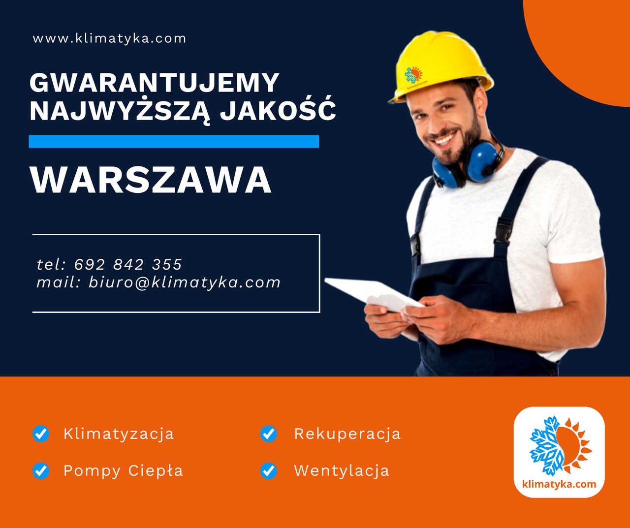 Mężczyzna w kombinezonie i kasku z logo firmy, trzymający tablet, na tle grafiki reklamowej z hasłem 'Gwarantujemy najwyższą jakość' oraz informacjami kontaktowymi i wymienionymi usługami.