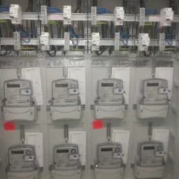 Rozdzielnica elektryczna z zamontowanymi licznikami energii elektrycznej, widoczne przewody, zabezpieczenia i listwy zaciskowe, etykiety z numeracją.