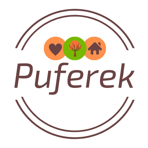 Logo firmy 'Puferek' z ikonami serca, drzewa i domu, otoczone podwójnym brązowym okręgiem.
