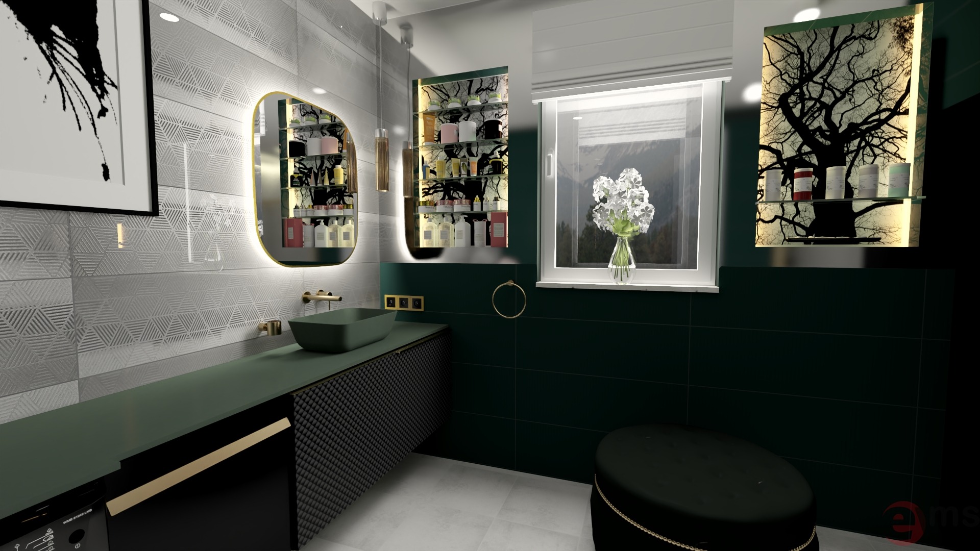 Nowoczesna łazienka z umywalką w kolorze butelkowej zieleni, podświetlanym lustrem i szafką z fakturą, uzupełniona o białe płytki z geometrycznym wzorem i dekoracyjną grafikę drzewa.