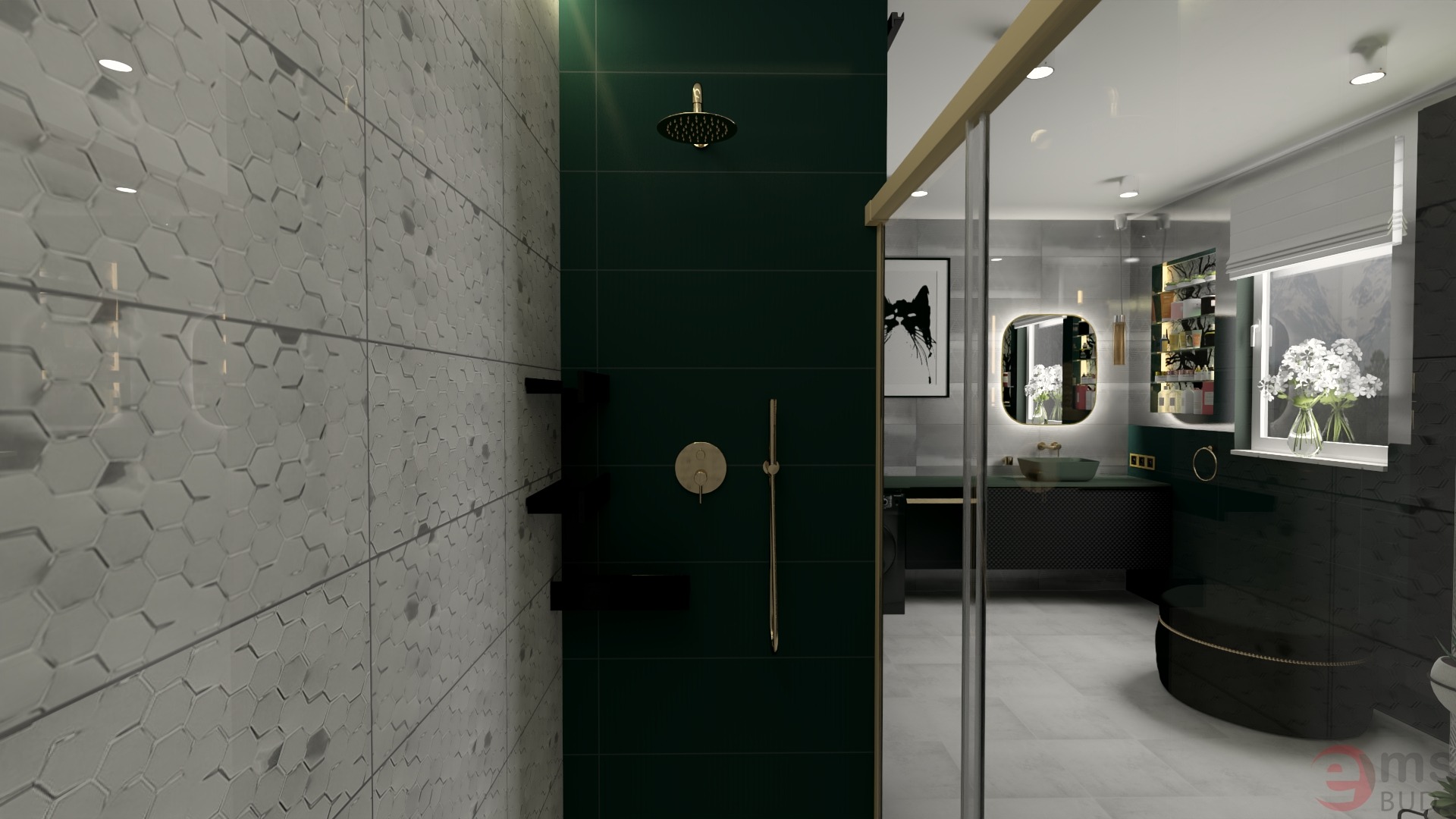 Wizualizacja łazienki z kabiną prysznicową: szare heksagonalne płytki, ciemnozielona ściana z deszczownicą i półkami, szklana ścianka kabiny, umywalka nablatowa i okrągłe lustro z podświetleniem.
