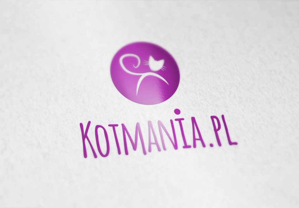 Fioletowy logotyp Kotmania.pl z uproszczonym wizerunkiem kota na białym tle.