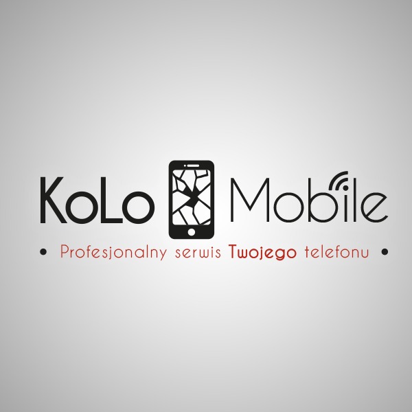 Logo firmy Kolo Mobile z ikoną pękniętego ekranu telefonu i hasłem: Profesjonalny serwis Twojego telefonu.