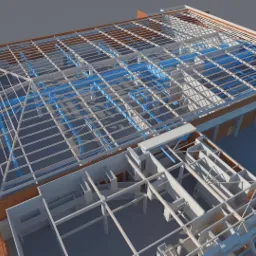 Model 3D BIM budynku w trakcie projektowania, ukazujący konstrukcję stalową dachu z instalacjami wentylacyjnymi w kolorze niebieskim i częściowo wykończone ściany z cegły.