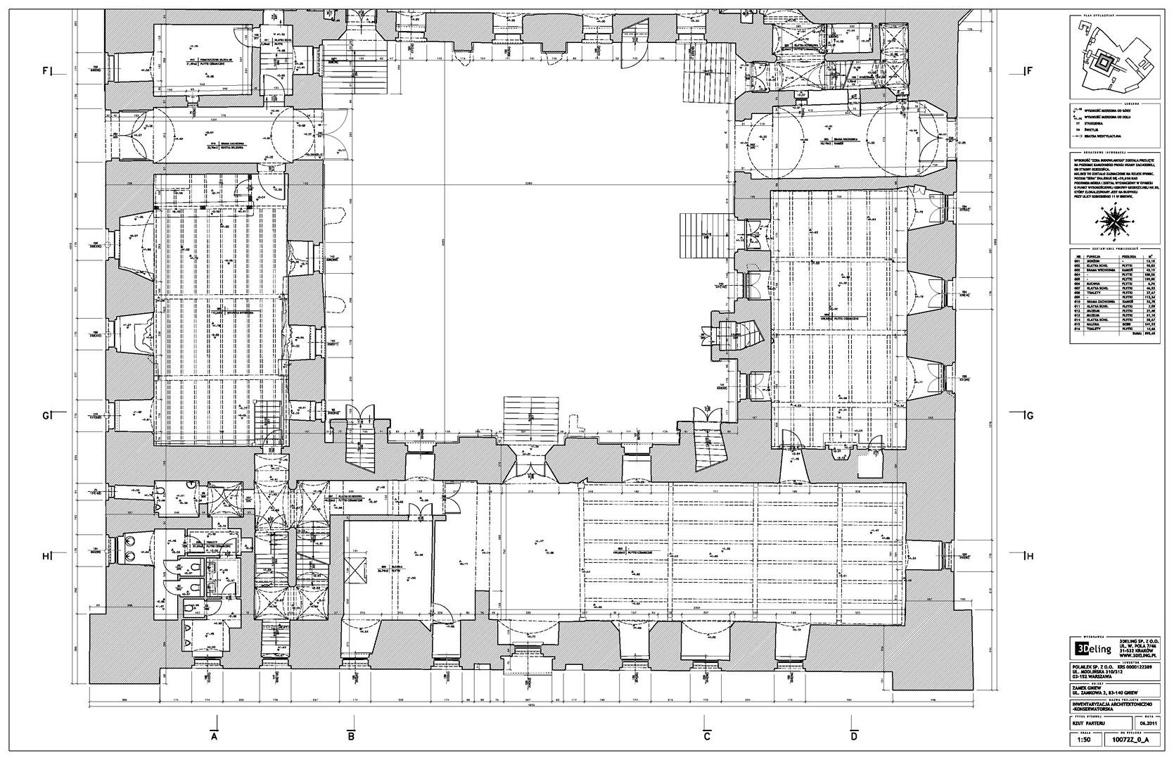 Plan architektoniczny parteru budynku, rzut 2D z wymiarami i oznaczeniami, skala 1:50, widoczne schody, toalety i inne pomieszczenia.