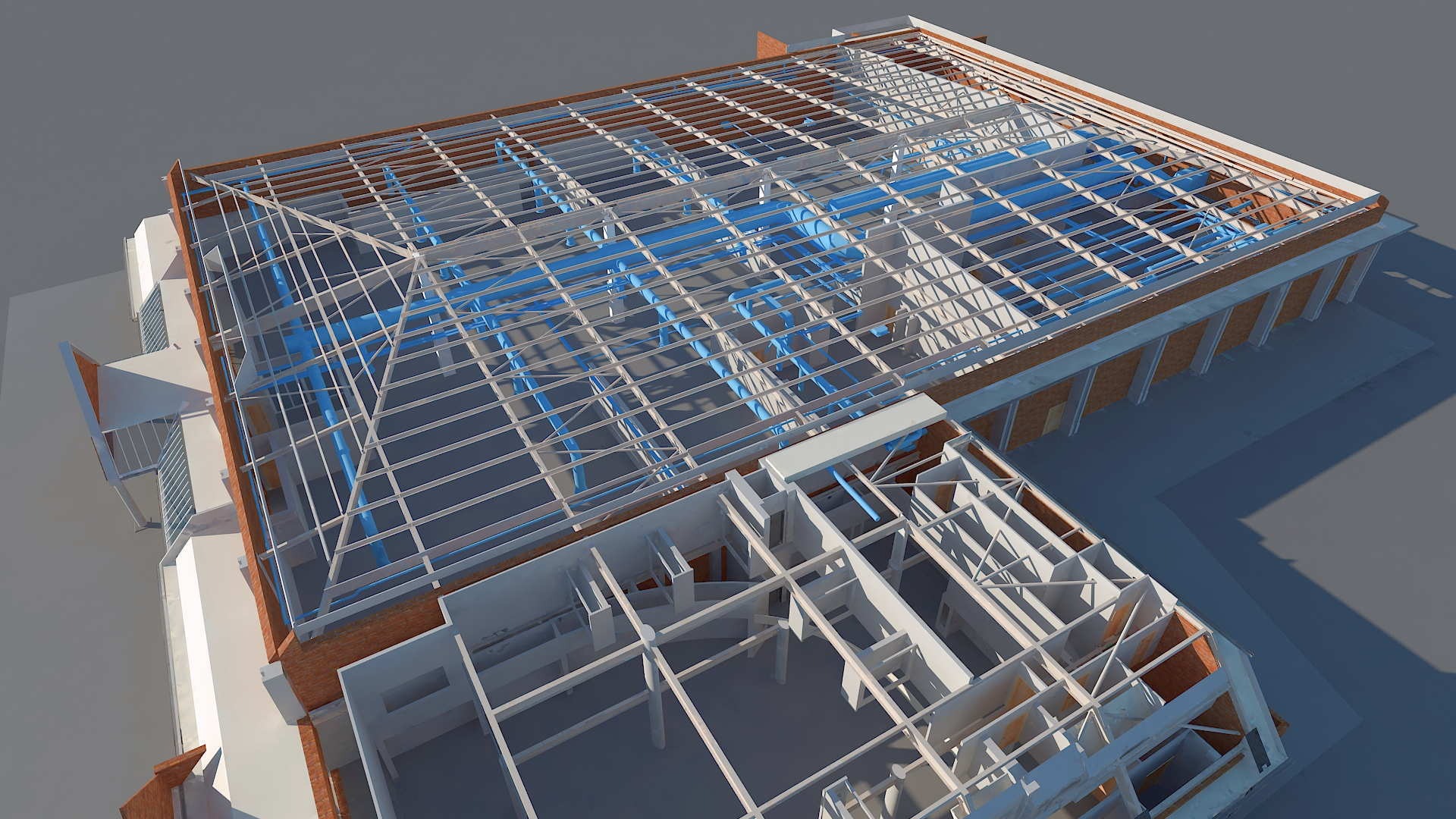 Model 3D BIM budynku w trakcie projektowania, ukazujący konstrukcję stalową dachu z instalacjami wentylacyjnymi w kolorze niebieskim i częściowo wykończone ściany z cegły.