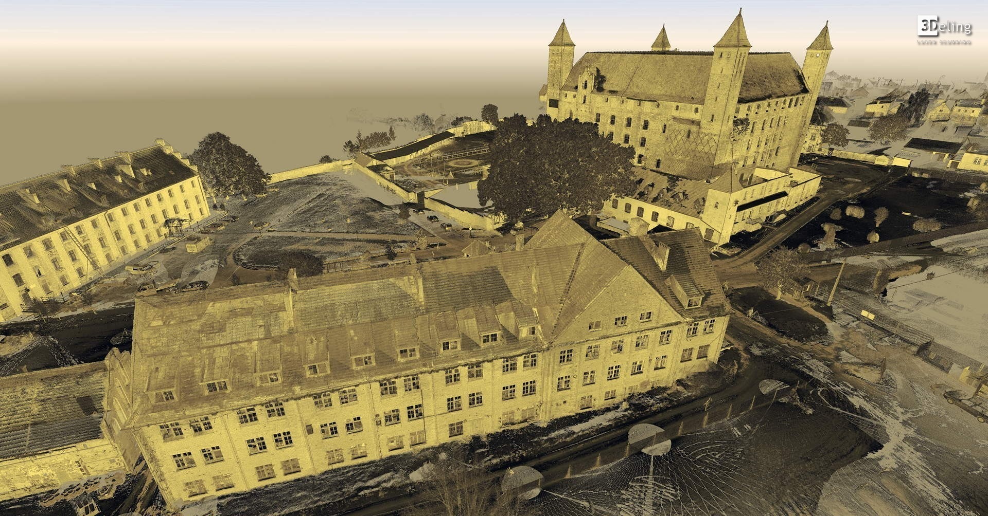 Skan chmury punktów przedstawiający kompleks budynków, w tym zamek z wieżami, z lotu ptaka, w odcieniach sepii, z widocznym logo 3Deling w prawym górnym rogu.