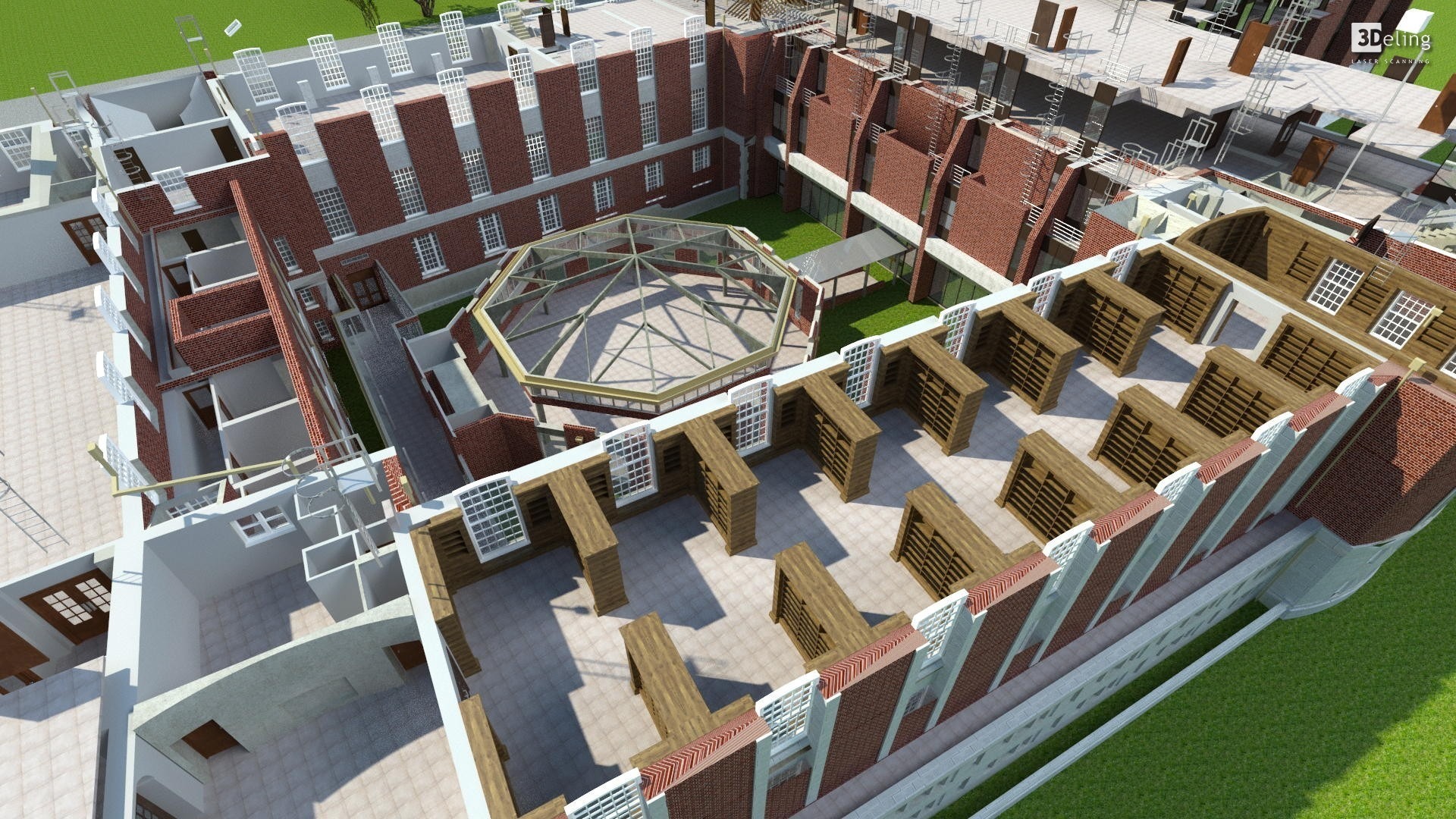 Wizualizacja 3D modelu BIM budynku z cegły z wewnętrznym dziedzińcem i szklaną konstrukcją w centrum, widok z lotu ptaka.