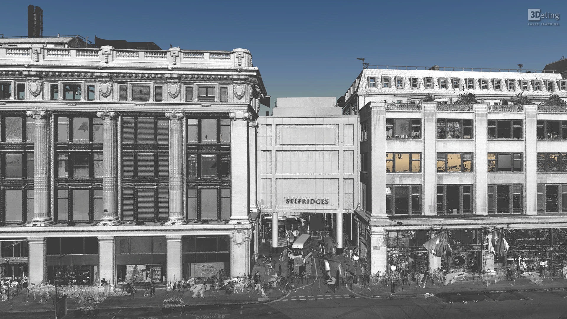 Skan laserowy fasady budynku Selfridges w Londynie, wykonany w Krakowie, prezentujący chmurę punktów z widocznymi detalami architektonicznymi.