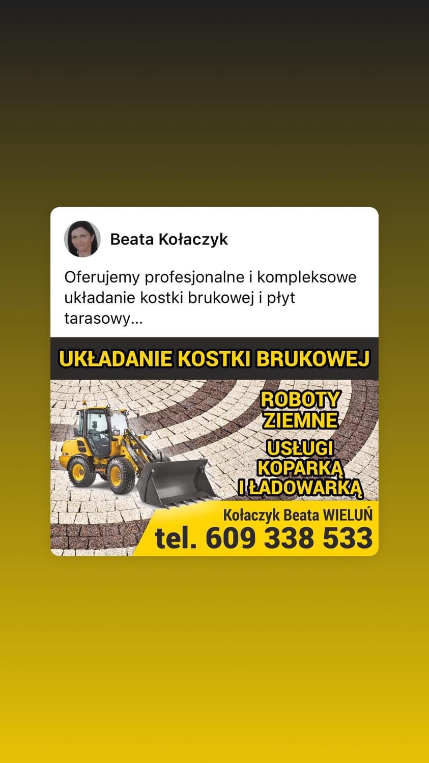 Grafika reklamowa firmy oferującej roboty ziemne i usługi koparko-ładowarką, z przykładem wzoru ułożonej kostki brukowej w tle oraz numerem telefonu kontaktowego.