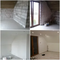 Czterofazowa transformacja poddasza: od surowych murów i betonu, przez szpachlowane ściany, po pomalowane wnętrze z oświetleniem punktowym i drewnianą podłogą.