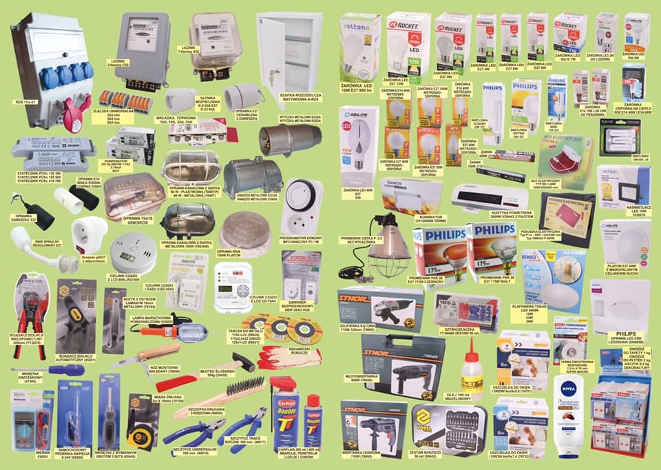 Kompilacja różnorodnych komponentów i akcesoriów elektrycznych, w tym liczników, puszek rozgałęźnych, bezpieczników, opraw oświetleniowych, żarówek LED, czujników dymu, narzędzi ręcznych...