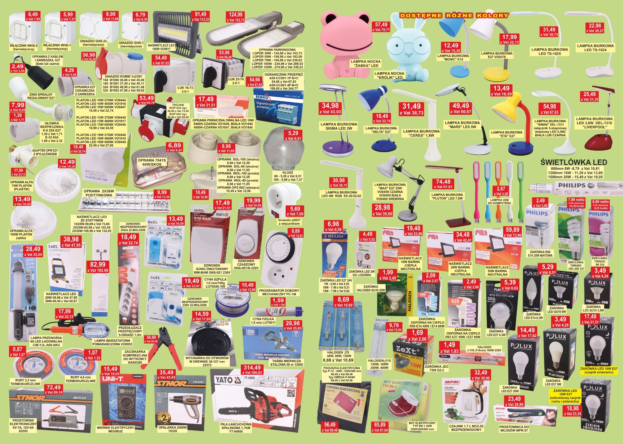 Ekspozycja różnorodnych lamp i żarówek LED, halogenowych oraz akcesoriów elektrycznych w sklepie, obejmująca lampki biurkowe, nocne, naświetlacze, przedłużacze i inne elementy oświetleniowe.