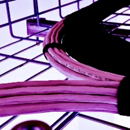 Kable sieciowe CAT6 spięte czarną opaską zaciskową, ułożone w metalowej korycie kablowej, widoczne napisy na kablach.