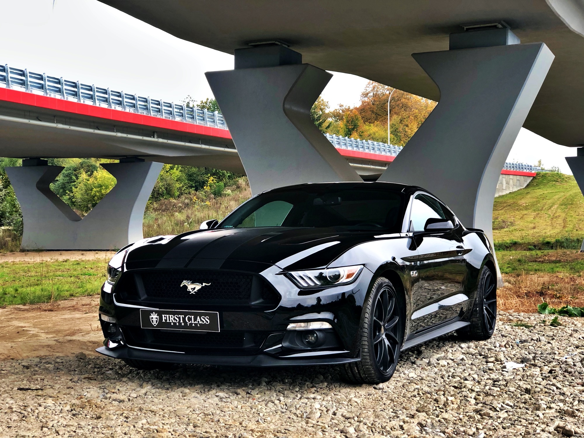 Czarny Ford Mustang GT 5.0, zaparkowany na żwirowym podłożu pod betonowym wiaduktem z czerwonymi barierkami, widok z przodu na logo firmy na tablicy rejestracyjnej.
