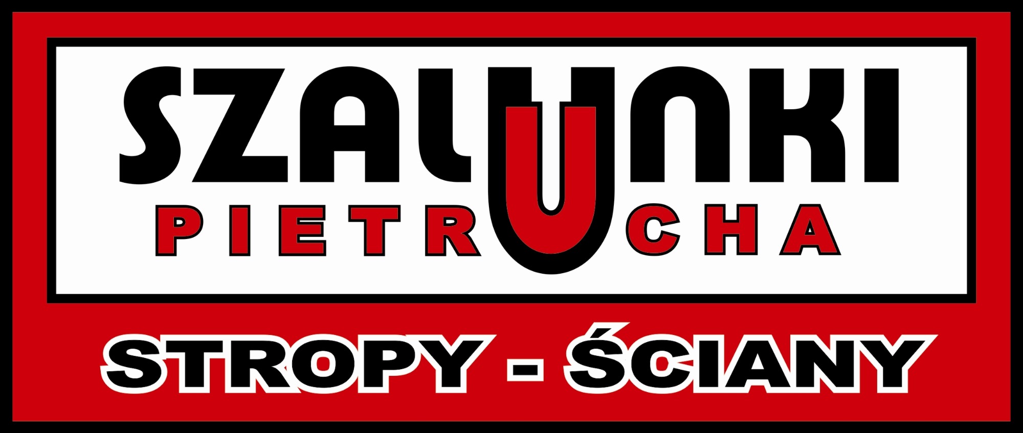 Logo firmy Szalunki Pietrocha oferującej szalunki do stropów i ścian, z napisem w kolorach czarnym i czerwonym na białym tle, obramowane czerwienią.