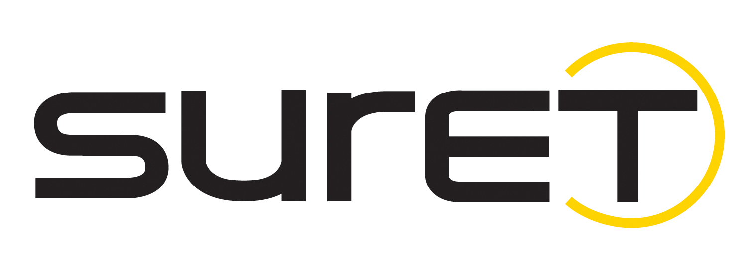 Czarne logo 'SURET' z żółtym półokręgiem otaczającym literę T na białym tle.