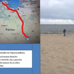 Połączenie mapy Polski z zaznaczoną trasą Warszawa-Łeba i zdjęcia osoby stojącej na plaży nad Bałtykiem, z tekstem 'Ustalenie miejsca pobytu. Poszukiwane dziecko przemieściło się z punktu 1...