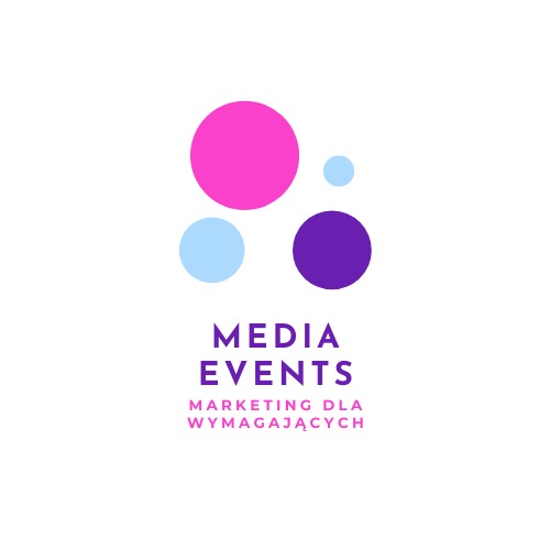 Logo firmy Media Events z trzema kolorowymi kołami (różowy, fioletowy, jasnoniebieski) i hasłem 'Marketing dla wymagających'.