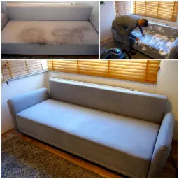 Szara kanapa z plamami przed i po czyszczeniu. Na jednym ujęciu mężczyzna w szarym kombinezonie czyści kanapę pianą.