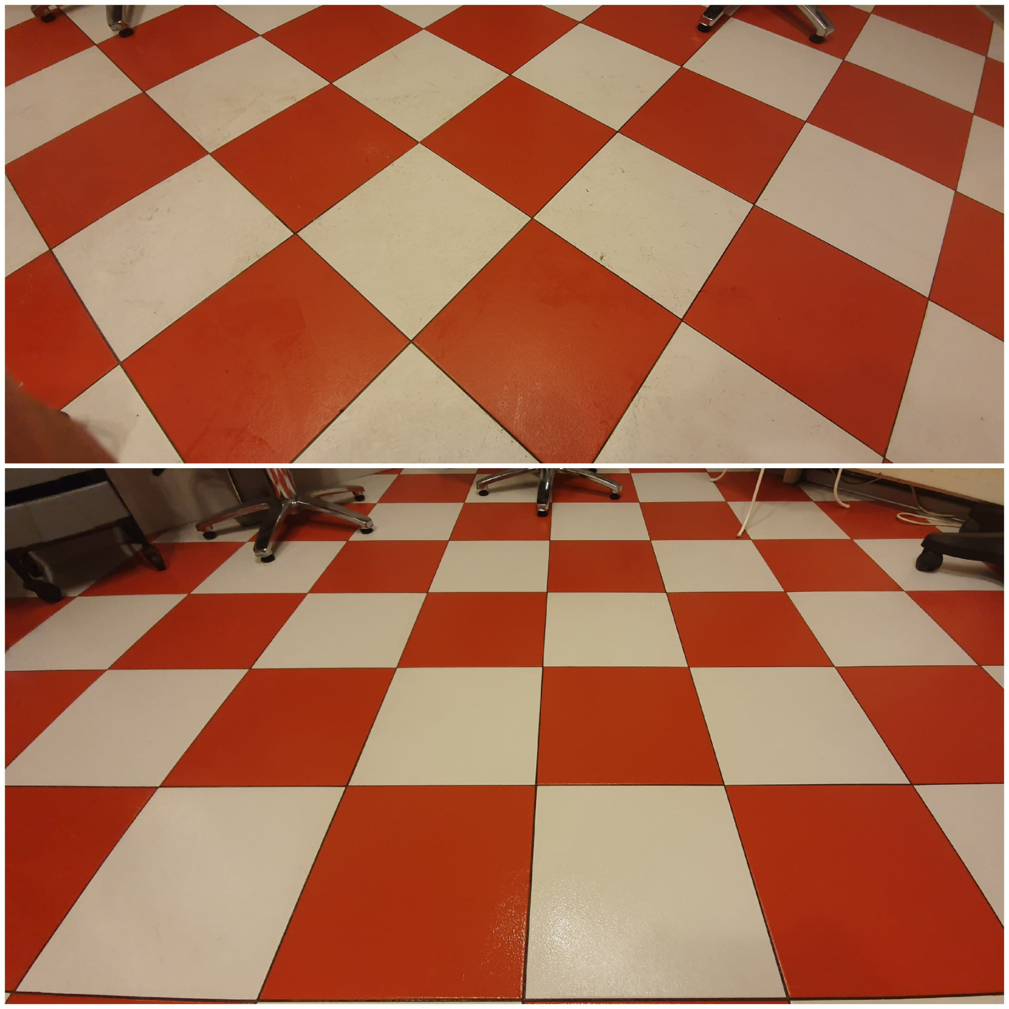 Porównanie podłogi w czerwono-białą szachownicę przed i po czyszczeniu. Górna część zdjęcia pokazuje zabrudzenia, dolna część po umyciu prezentuje czystą, błyszczącą powierzchnię.