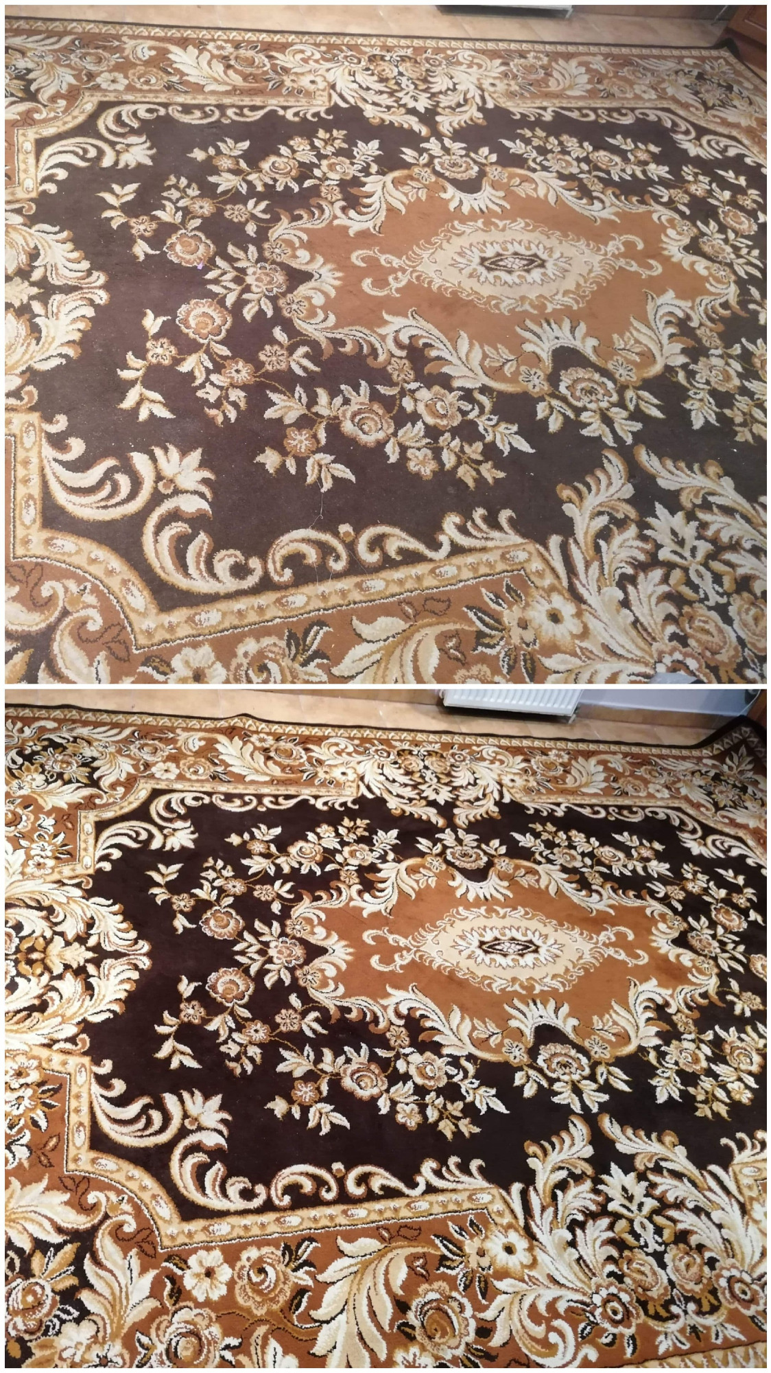 Porównanie fragmentu dywanu z brązowo-beżowym kwiatowym wzorem przed i po czyszczeniu, widoczne różnice w odcieniach i usuniętych zabrudzeniach.