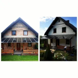 Porównanie dwóch domów przed i po montażu zadaszenia tarasu z poliwęglanu, widoczna różnica w estetyce i funkcjonalności.