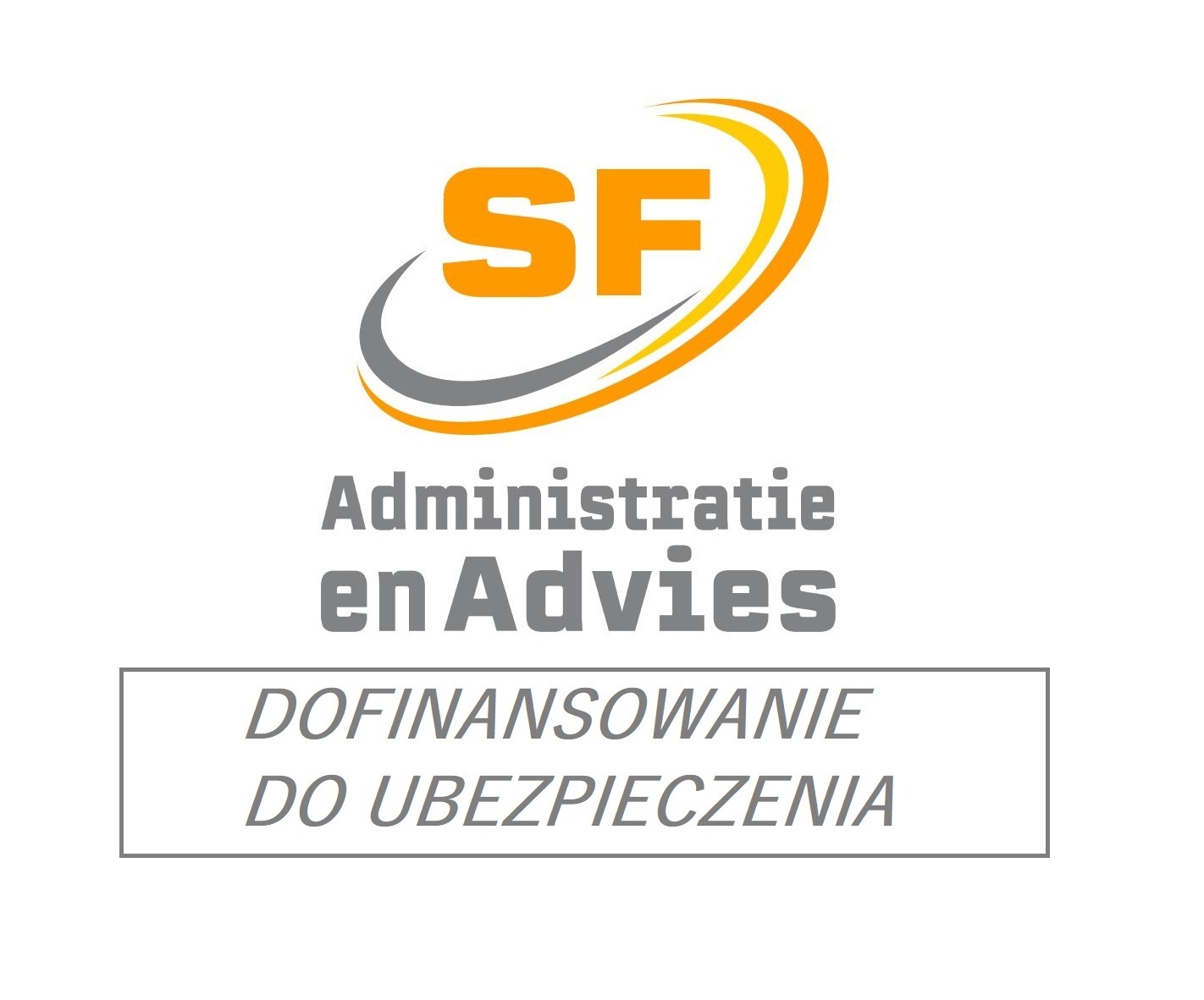 Logo firmy z pomarańczowym symbolem SF, napisem 'Administratie en Advies' oraz hasłem 'Dofinansowanie do ubezpieczenia' w szarej ramce.