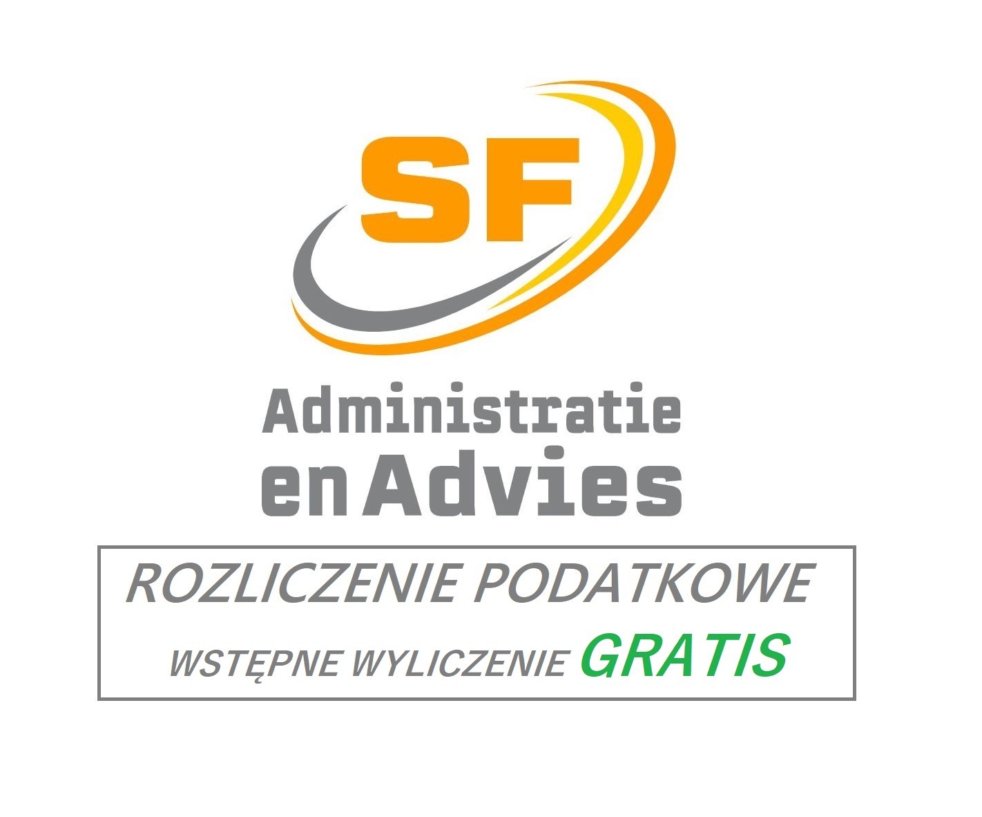 Logo firmy SF Administratie en Advies oferującej rozliczenia podatkowe z darmową wstępną wyceną, napisane po polsku.