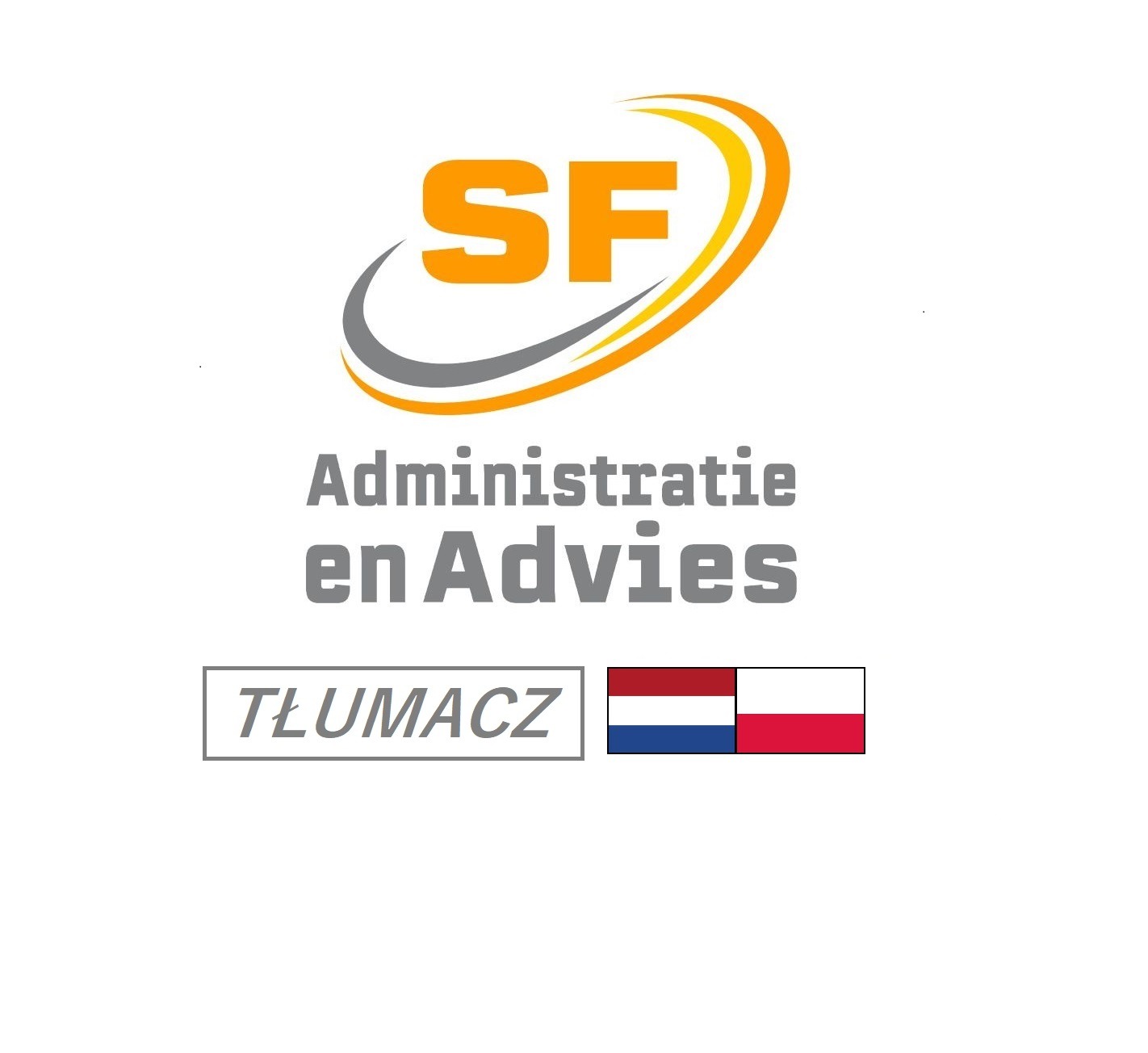 Logo firmy SF Administratie en Advies z flagami Holandii i Polski, oferującej usługi tłumaczeń.