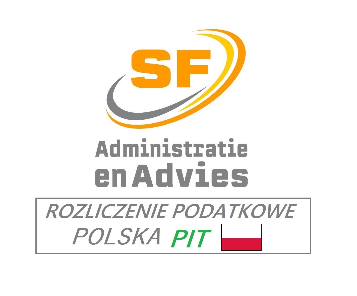 Logo firmy SF Administratie en Advies oferującej rozliczenia podatkowe Polska PIT, z symbolem flagi Polski.