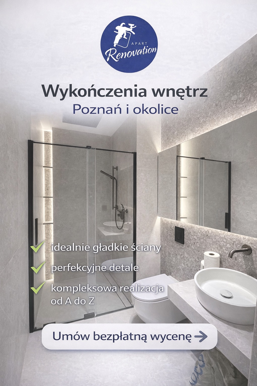 Stylowa łazienka po remoncie w odcieniach szarości z kabiną prysznicową typu walk-in, umywalką nablatową i podświetlanym lustrem. Nowoczesne wykończenie wnętrz.
