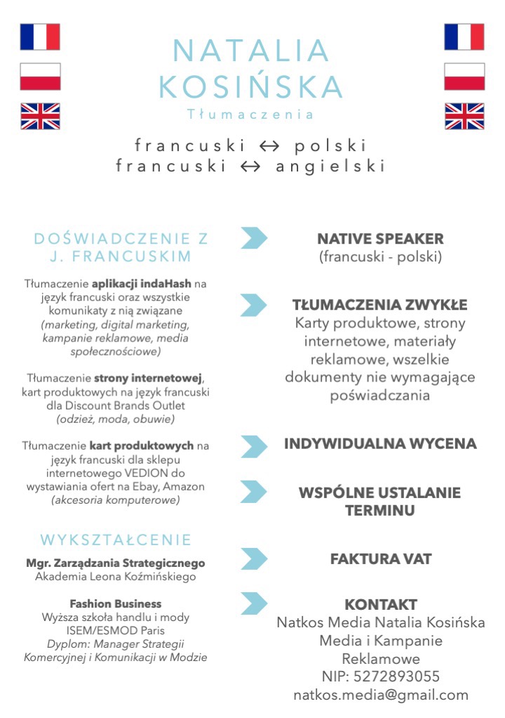 Grafika informacyjna prezentująca ofertę tłumaczeń językowych Natalia Kosińska, obejmującą tłumaczenia z języka francuskiego na polski i angielski, doświadczenie w tłumaczeniach aplikacji, stron...