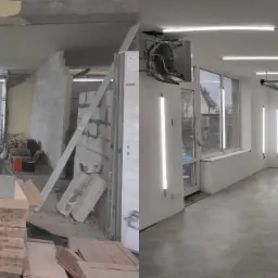 Remontowany garaż: widok przed i po, z gruzem i stertą materiałów po lewej stronie, a po prawej czysta, oświetlona przestrzeń z nową bramą garażową.